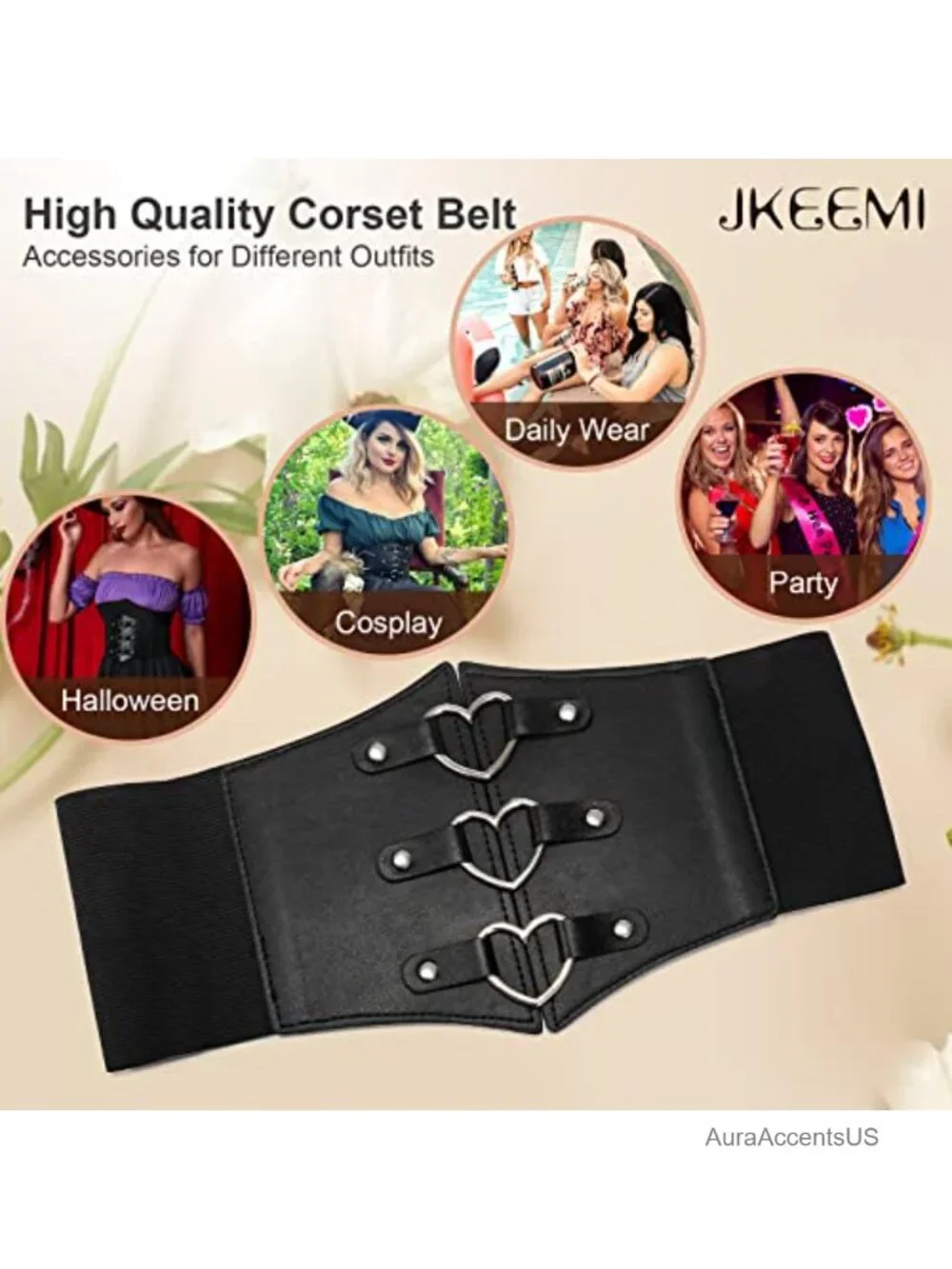 Faux Leather Wide Corset Belt Metal O-Ring Heart-Ring Waspie Waist Belt for
